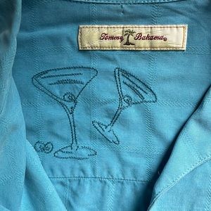 Tommy Bahama 100% silk blue button up shirt martini glasses collar men small